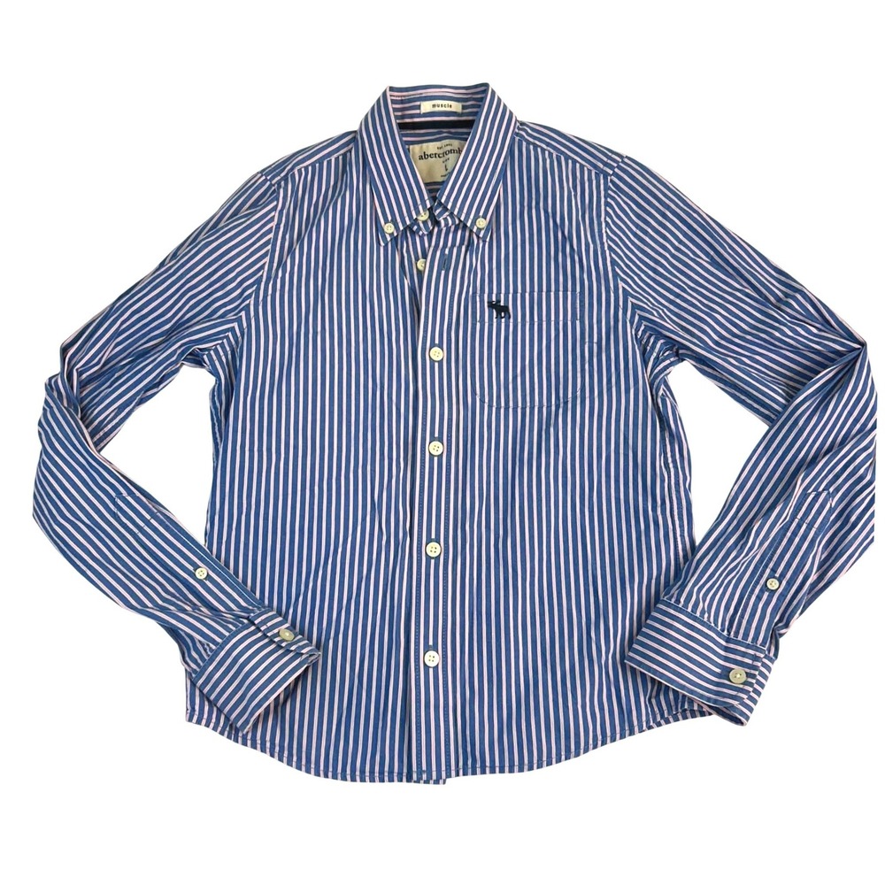 Abercrombie Kids Boys Muscle Fit Striped Button Down Shirt Blue Pink Large L